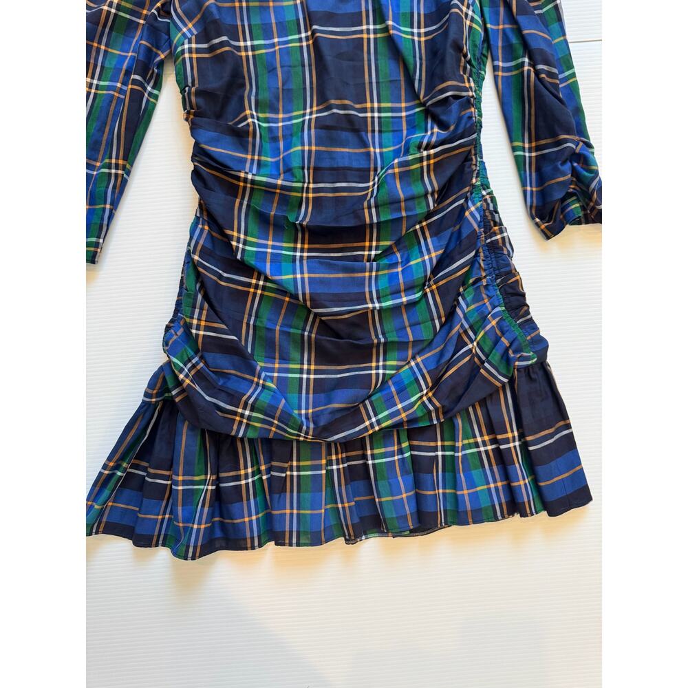 Tanya Taylor Raven Tartan Mini Dress Women’s 8 Ruched Preppy Blue Green Cotton - Picture 8 of 16